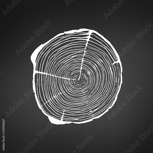 Annual tree growth rings logo, cross-section of a tree trunk. Stock Vector illustration isolated on black background.