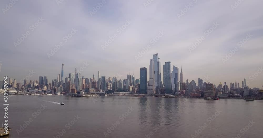 Drone over NY City skyline from the Hudson River Drone over NY City skyline from the Hudson River