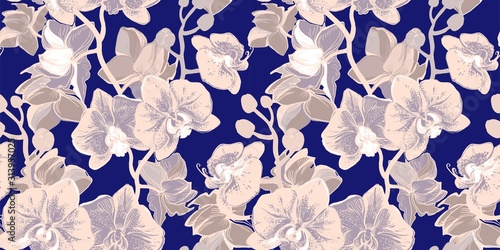 Tropical floral seamless pattern with gentle pink flowers Orchids drawn by hand. Halftone botanical floristic manual graphic. For floristic design and printing, wallpaper, posters, textile, fabric.