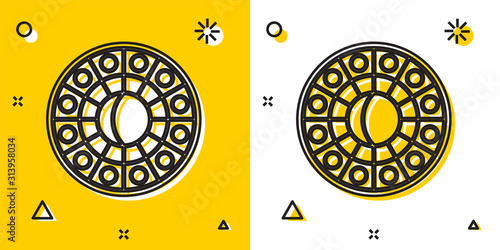 Black Astrology horoscope circle with zodiac icon isolated on yellow and white background. Random dynamic shapes. Vector Illustration