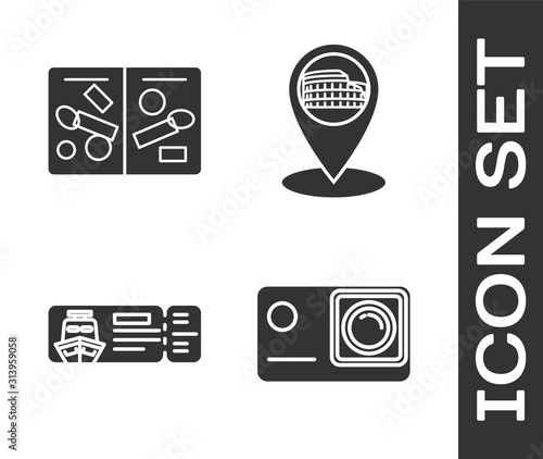 Set Action extreme camera, Passport pages with visa stamps, Cruise ticket for traveling by ship and Map pointer with Coliseum in Rome, Italy icon. Vector