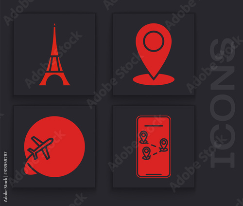 Set Infographic of city map navigation, Eiffel tower, Map pin and Globe with flying plane icon. Vector