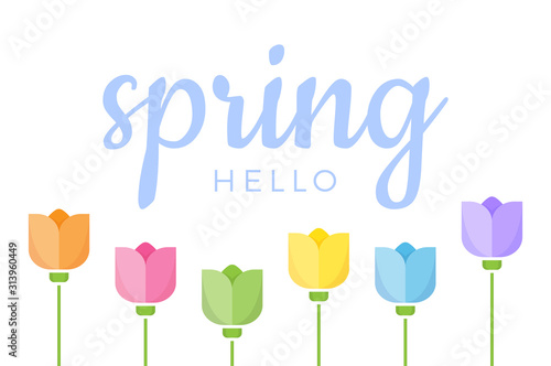Hello Spring Hand lettered quote with set of six different color tulip flowers. Vector illustration