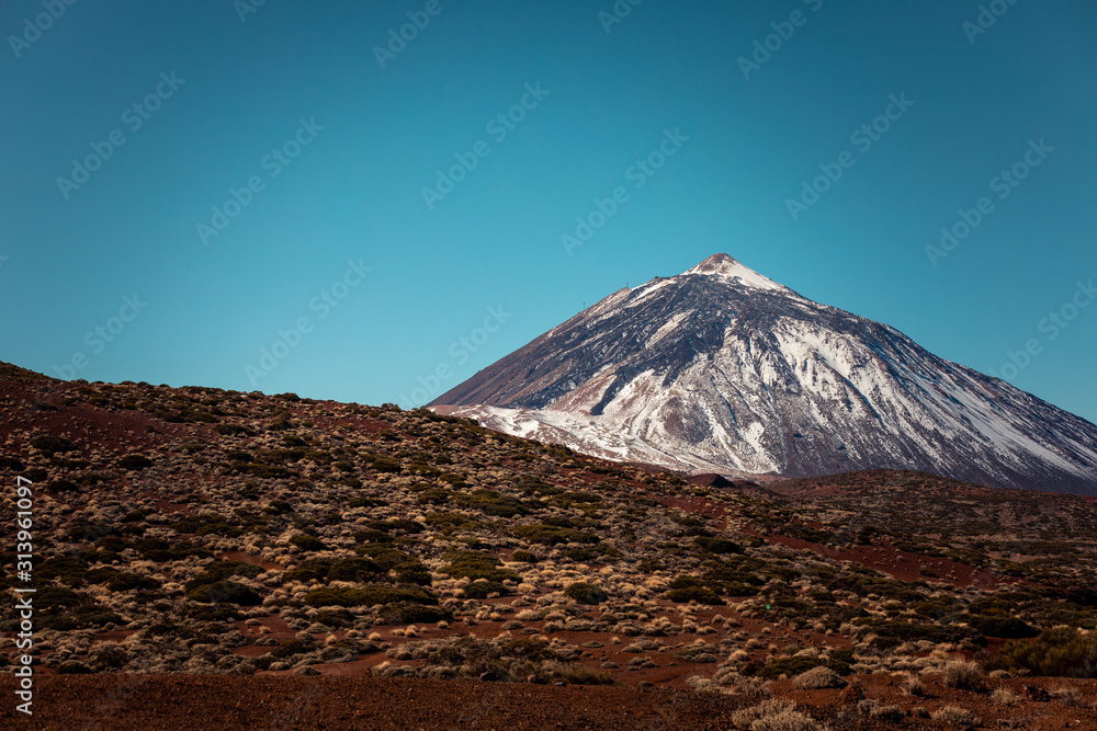 View at El Teide peak and volcano, highest peak of Spain in Tenerife, Canary Islands, Spain.