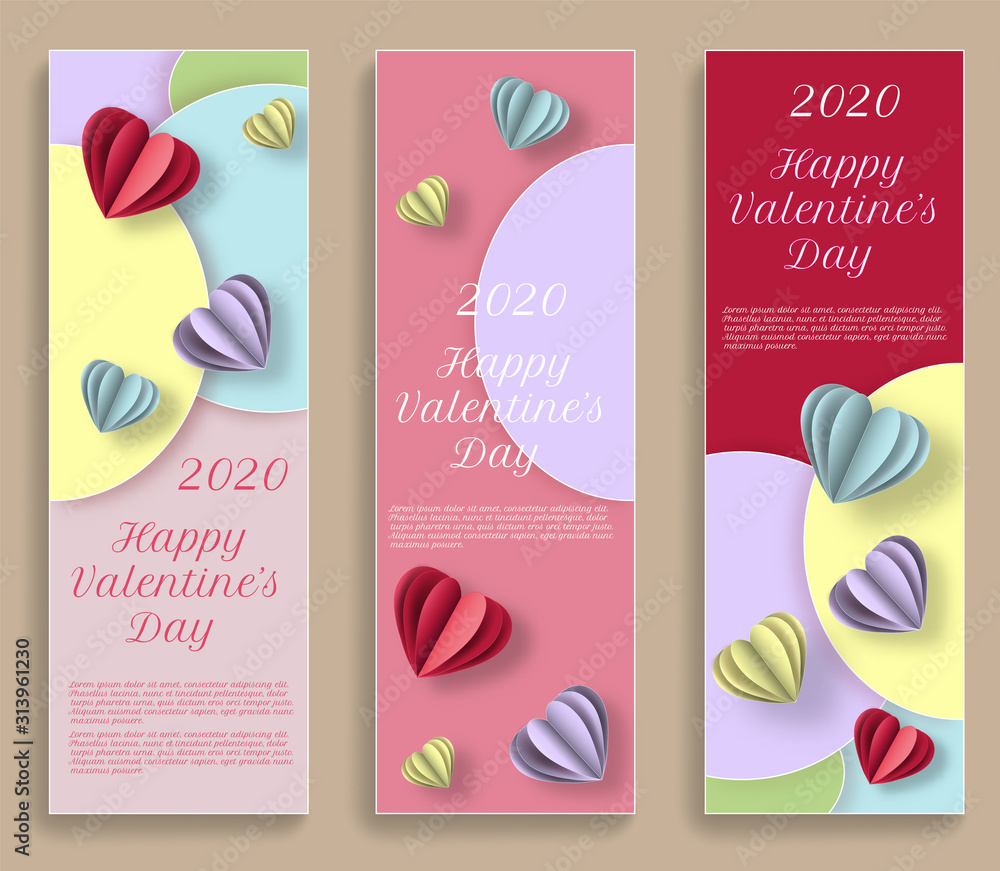 Naklejka premium Happy Valentines Day colorful paper cut background. Design for greeting cards, banner and poster with wavy layers. Vector illustration. 