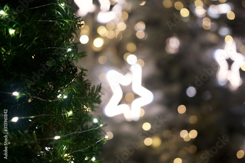 Festive Christmas decorations and bright bokeh