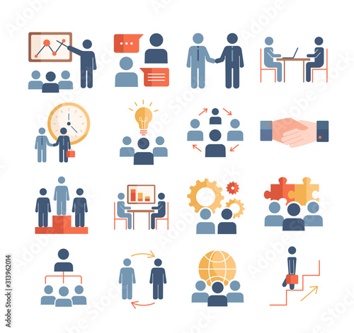 Large set of assorted colored business icons with people working in an office, meeting, presentation, handshake, problem solving, ideas and creativity, vector illustration