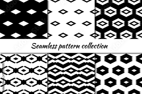 Seamless pattern collection. Geometrical design backgrounds set. Repeated rhombuses, diamonds, lozenges motif. Geo print