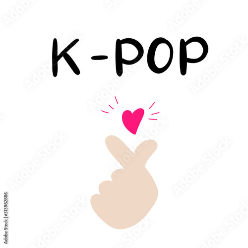 K-pop. Korean popular music style. Finger heart symbol. K pop Hand drawn lettering for banner, print, postcard, poster, sticker, logo. Vector illustration eps10