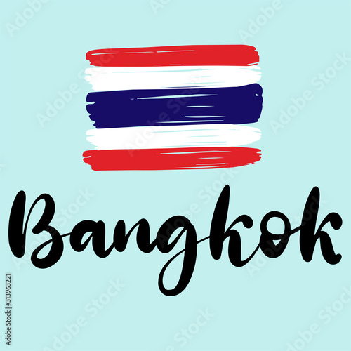 Bangkok. Brushstrokes in colours of national flag. Vector illustration of hand drawn lettering for logotype, icon, poster, Independence Day greeting card, print, website banner, badge.