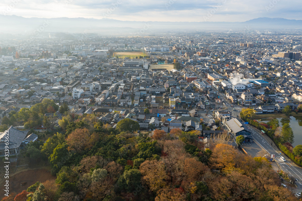 Nara neighborhoods, Japan. Aerial View At Sunrise