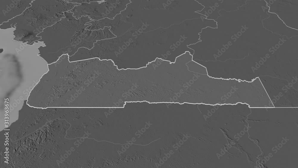 Sud, region with its capital, zoomed and extruded on the bilevel map of Cameroon in the conformal Stereographic projection. Animation 3D Sud, region with its capital, zoomed and extruded on the bilevel map of Cameroon in the conformal Stereographic projection. Animation 3D