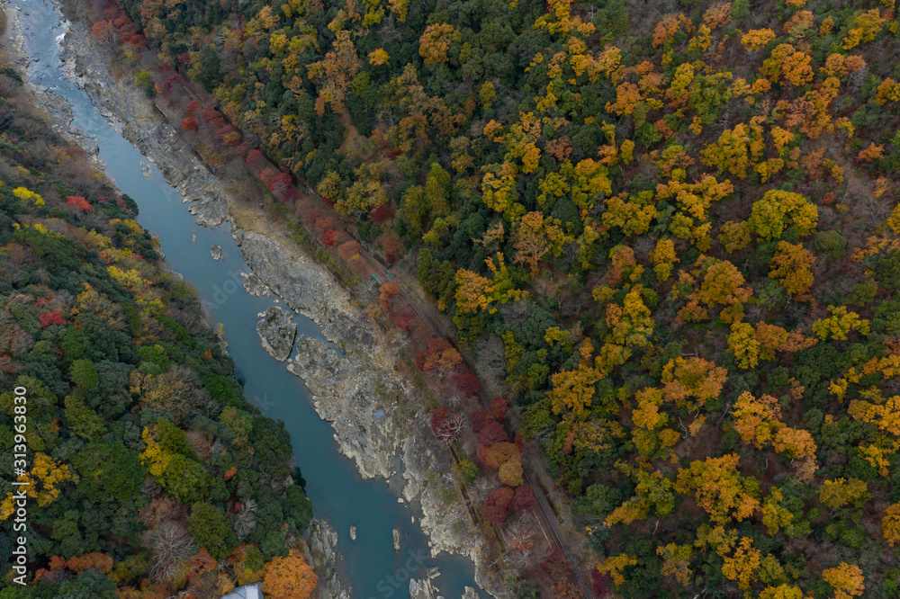 Sagano romantic Trainline, Aerial top down view in Autumn 