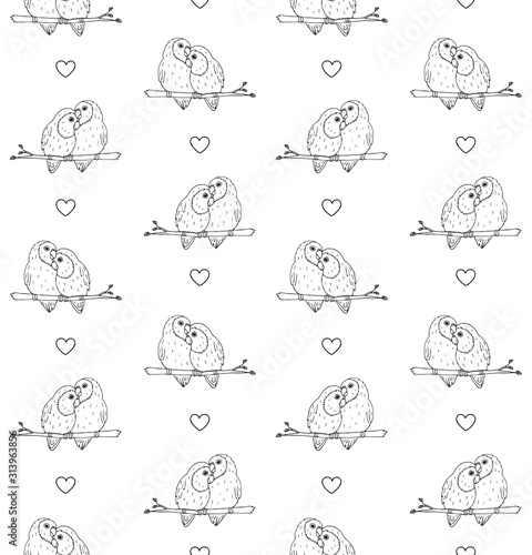 Vector seamless pattern of hand drawn doodle sketch lovebirds parrots pair isolated on white background
