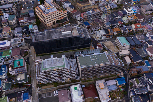 Apartments and streets of Urban Japan in Kobe, Aerial View