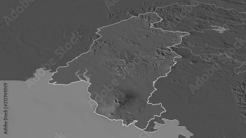 Sud-Ouest, region with its capital, zoomed and extruded on the bilevel map of Cameroon in the conformal Stereographic projection. Animation 3D photo