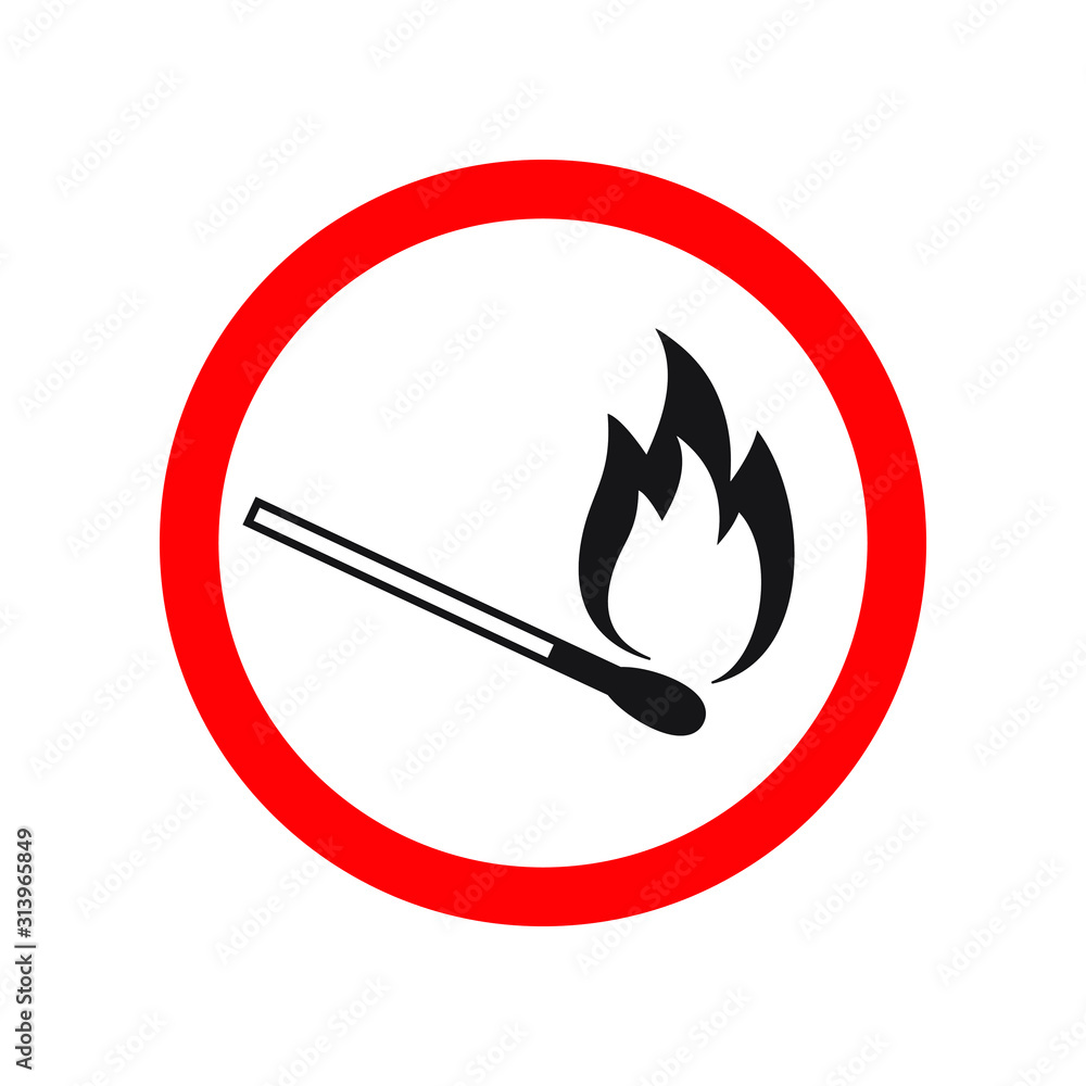 Vector flat black outline burning match in red circle isolated on white background. Fire prohibited sign Vector flat black outline burning match in red circle isolated on white background. Fire prohibited sign