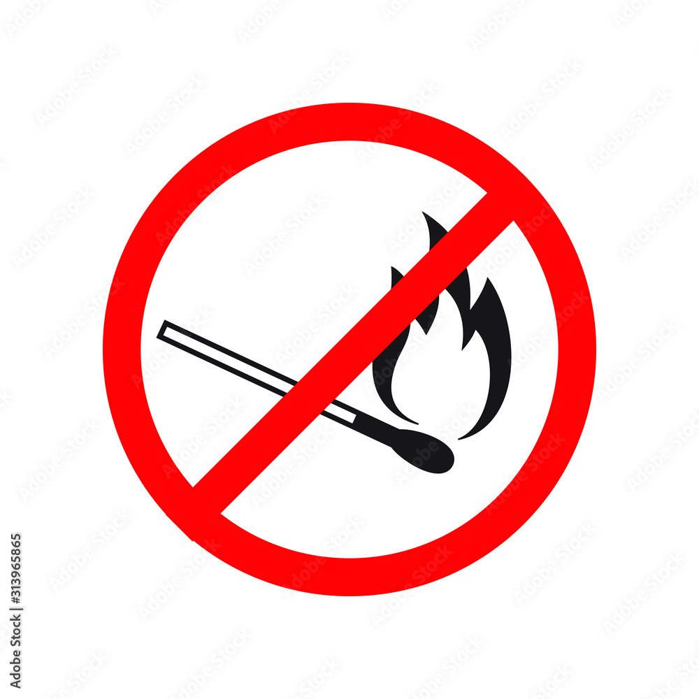 Vector flat black outline burning match crossed in red circle isolated on white background. Fire prohibited sign Vector flat black outline burning match crossed in red circle isolated on white background. Fire prohibited sign