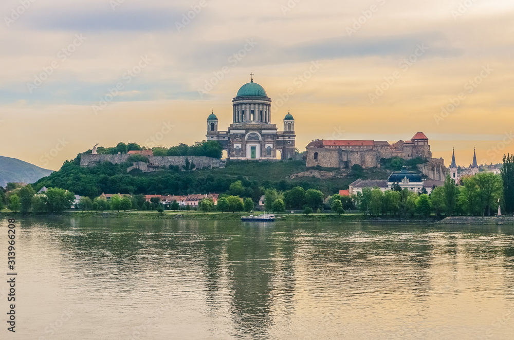 View of Primatial Basilica of the Blessed Virgin Mary Assumed Into Heaven and St Adalbert, also known as the Esztergom Basilica and Danube river. Esztergom,Hungary.