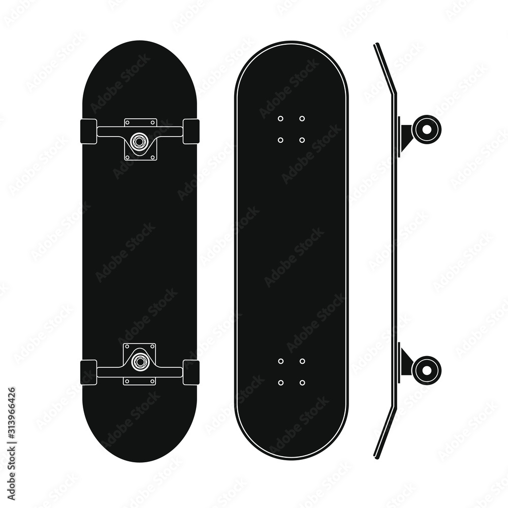 Vector flat black outline skateboard set isolated on white background ...