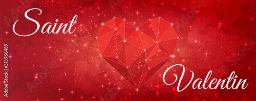 Bannière - carte Valentin's day - ballon coeur rose et rouge - february 14th étoile galaxie fond rouge marbré