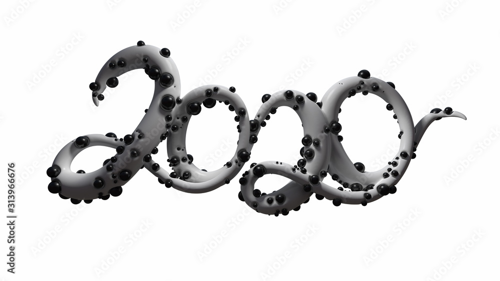 Happy New Year Banner with 2020 Numbers made by sugar white caramel and black Bchocolate balls isolated on white Background. abstract 3d illustration creative lettering Happy New Year Banner with 2020 Numbers made by sugar white caramel and black Bchocolate balls isolated on white Background. abstract 3d illustration creative lettering