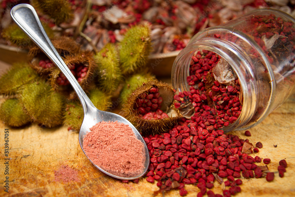 annatto seed ,red and orange condiment and food coloring derived from