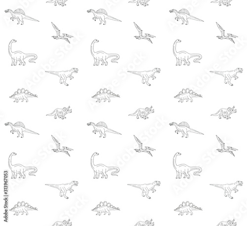 Vector seamless pattern of hand drawn doodle sketch different dinosaur isolated on white background
