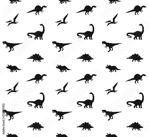 Vector seamless pattern of black different dinosaur silhouette isolated on white background