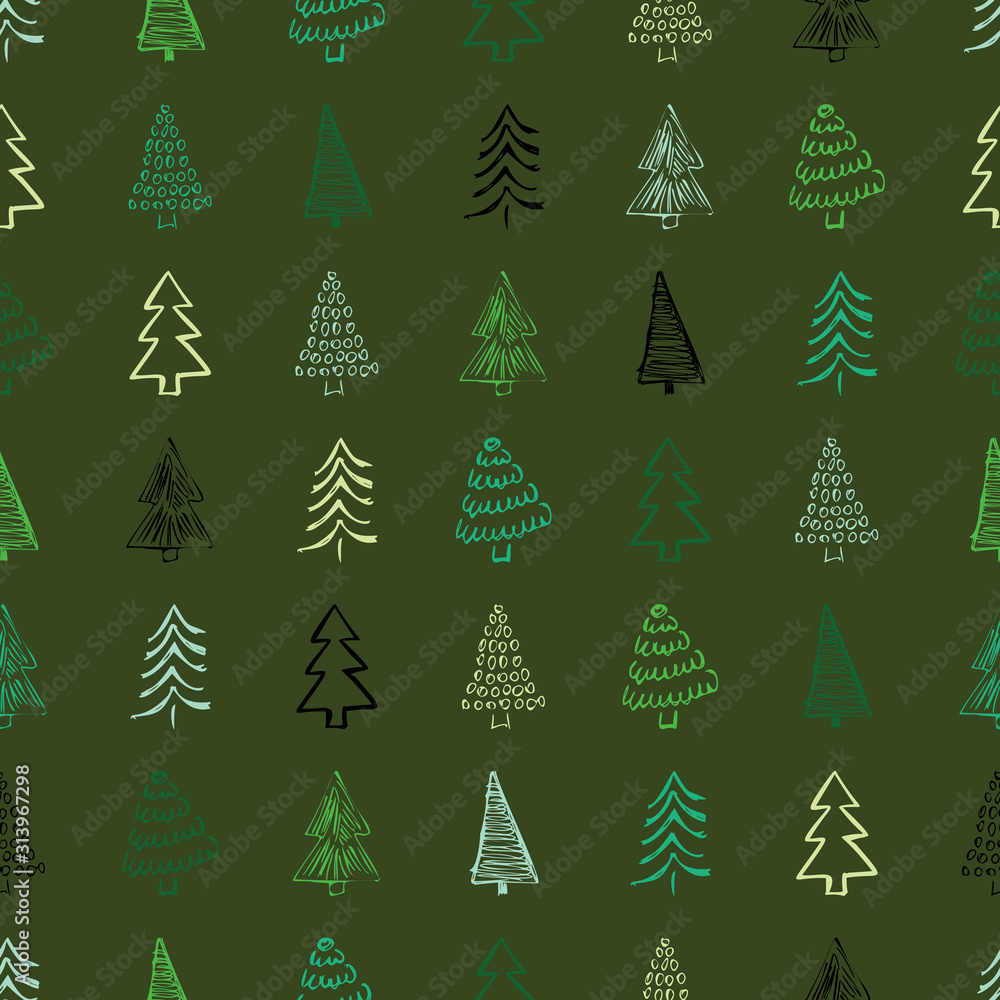 Obraz premium Seamless pattern with hand drawn Christmas trees