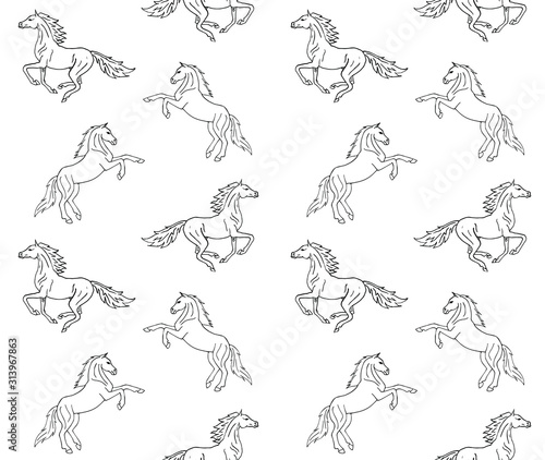 Vector seamless equestrian pattern of hand drawn doodle sketch running horse isolated on white background