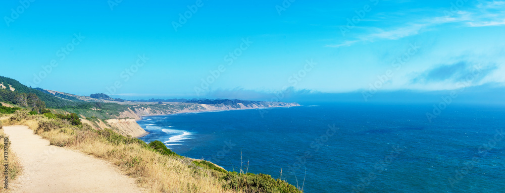 Panoramic elevated view of scenic rugged Northern California ocean coast on a sunny day from hiking trail that follows the steep cliff. Stunning view of seascape and coastline in background