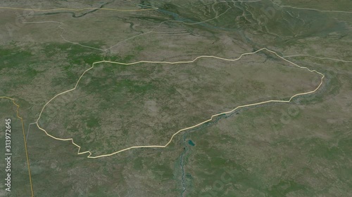 Logone Occidental, region with its capital, zoomed and extruded on the satellite map of Chad in the conformal Stereographic projection. Animation 3D photo