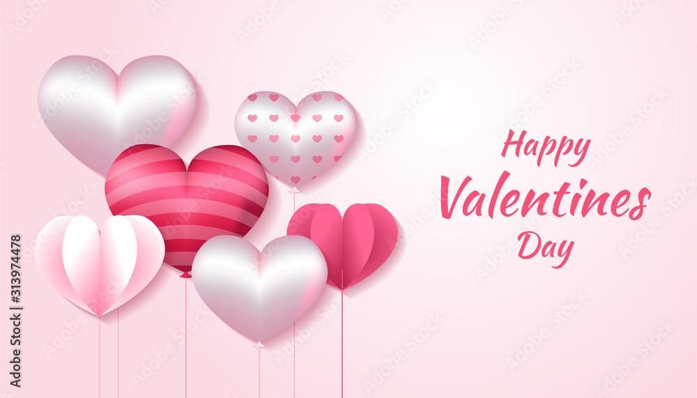 Valentines Day Background with 3d heart shape, paper love in pink and white color, applicable for invitation, greeting, celebration card