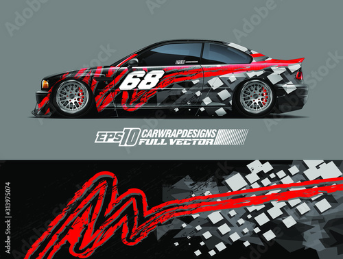 Rally car graphic livery design vector. Graphic abstract stripe racing background designs for wrap cargo van, race car, pickup truck, adventure vehicle. Eps 10