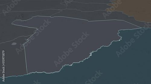 Salamat, region with its capital, zoomed and extruded on the administrative map of Chad in the conformal Stereographic projection. Animation 3D photo