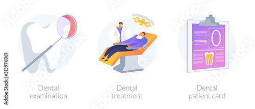 Stomatological clinic. Dentist appointment, checkup and teeth care procedures. Dental examination, dental treatment, dental patient card metaphors. Vector isolated concept metaphor illustrations.