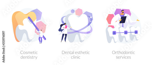 Teeth whitening and professional cleaning procedures. Dental braces. Cosmetic dentistry, dental esthetic clinic, orthodontic services metaphors. Vector isolated concept metaphor illustrations.