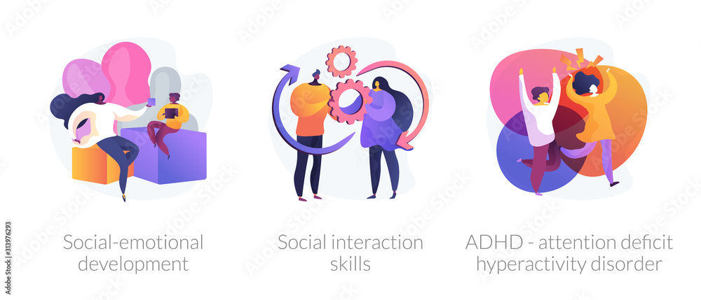 Child psychology icons set. Social-emotional development, social interaction skills, ADHD - attention deficit hyperactivity disorder metaphors. Vector isolated concept metaphor illustrations.