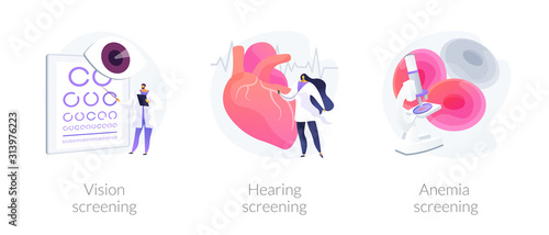 Health condition diagnostics. Laboratory blood analysis. Medical lab testing. Vision screening, hearing screening, anemia screening metaphors. Vector isolated concept metaphor illustrations.