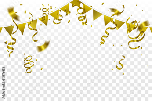 Party Golden Flags With Tiny Confetti And Streamer Ribbon Falling On Transparent Background. Vector