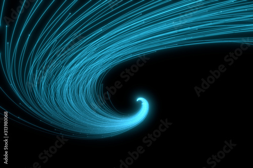 Beautiful abstract flowing traces on a black background. Glowing dots. 3d rendering image.