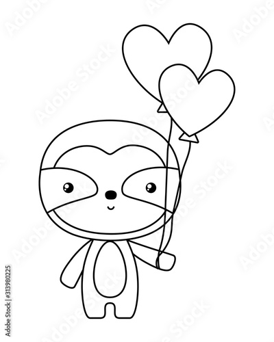 Cute sloth bear cartoon with hearts balloons vector design