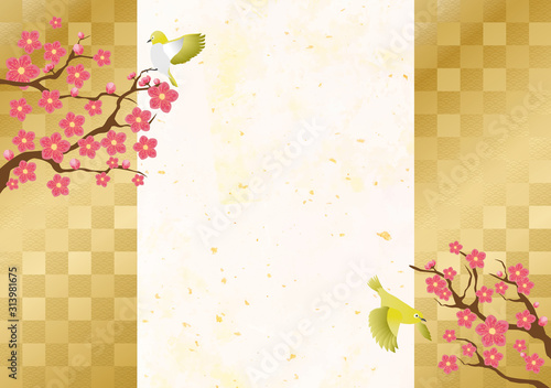 梅：梅　3月　鶯　和風　フレーム　背景　フレーム枠　手描き　水彩