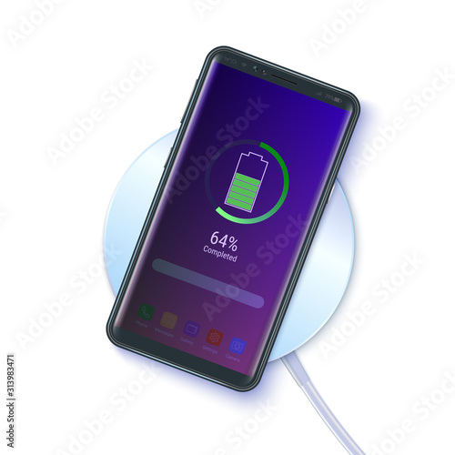 Smart phone on wireless charging device isolated on white background. Top view. Battery icon and charging progress lighting on screen smart phone. 3d vector illustration, EPS10.