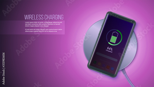 Wireless charging technology concept. Top view. Battery icon and progress charging the battery of the phone lighting on screen of smartphone. 3d vector illustration, EPS10