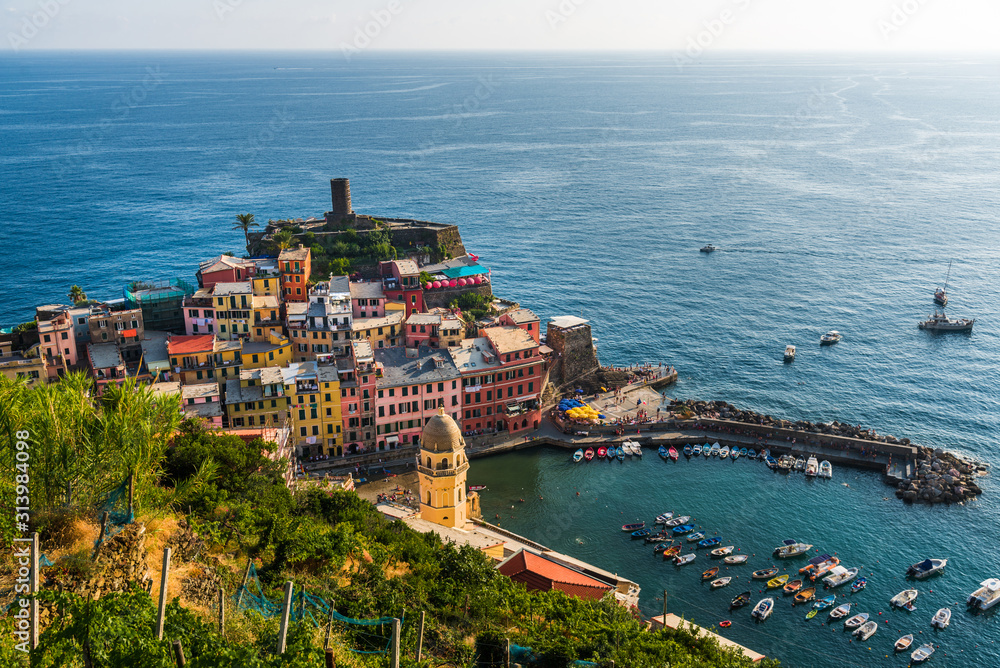 View at Vernazza village in Cinque Terre, Italy, with its traditional colorful houses and Ligurian Sea coast
