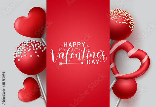 Valentines vector background template. Happy valentines day greeting text with lollipop candy valentine elements in heart and round shape and empty space for messages in red background. Vector illustr