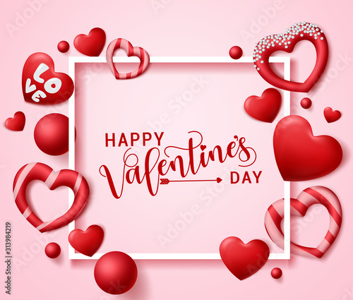 Valentines vector frame template. Happy valentines day typography greeting text in frame with valentine heart design element with empty space for messages in pink background. Vector illustration. 