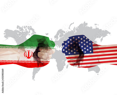 Battle of USA vs Iran, Flags on clenched hands fists facing each other on World map, Vector illustration